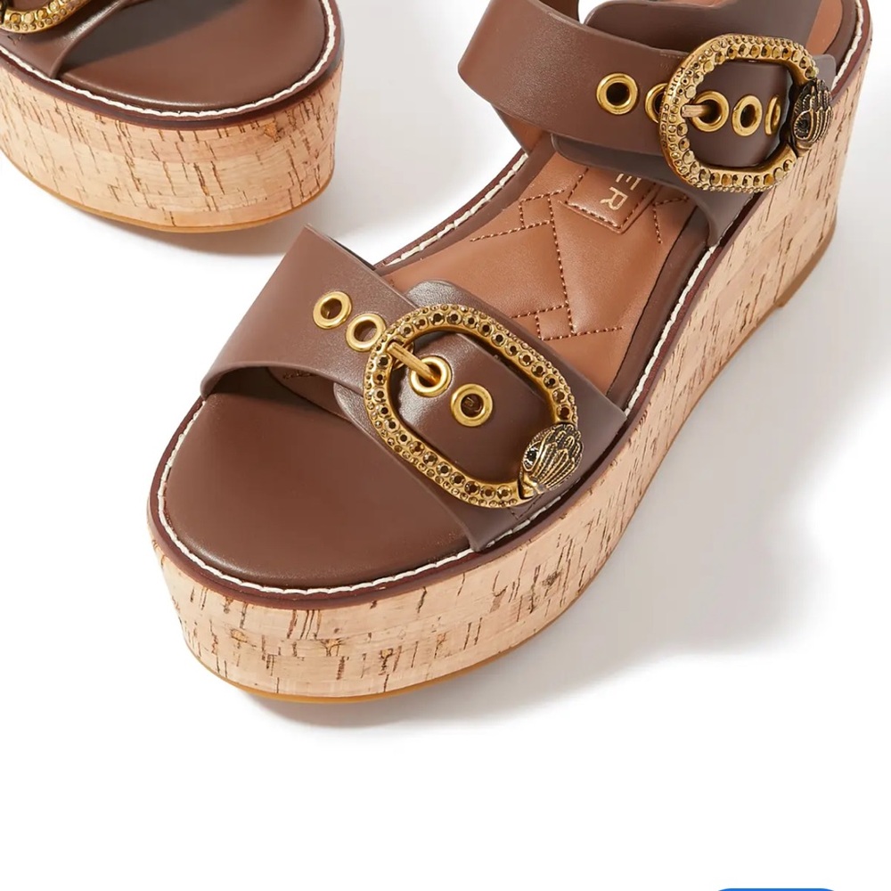 Kurt Geiger Mayfair Brown Wedge Sandals with Gold Buckles